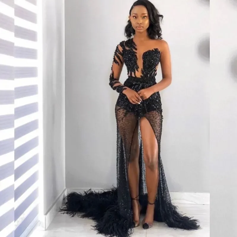 Eclectic Style Wardrobe Sexy See Through Prom Dresses For Black Girls One Shoulder Mermaid Split Party Gowns Sequin Beading