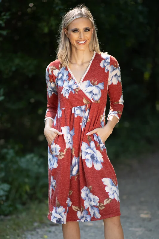 Chic Outfits Cranberry and Blue Floral Surplice Front Dress