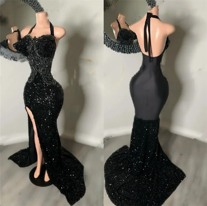 End Of Season Clearance Sexy Halter Neck Long Prom Dress For Black Girls Applique Birthday Party Dresses Sequined Evening Gown High Slit