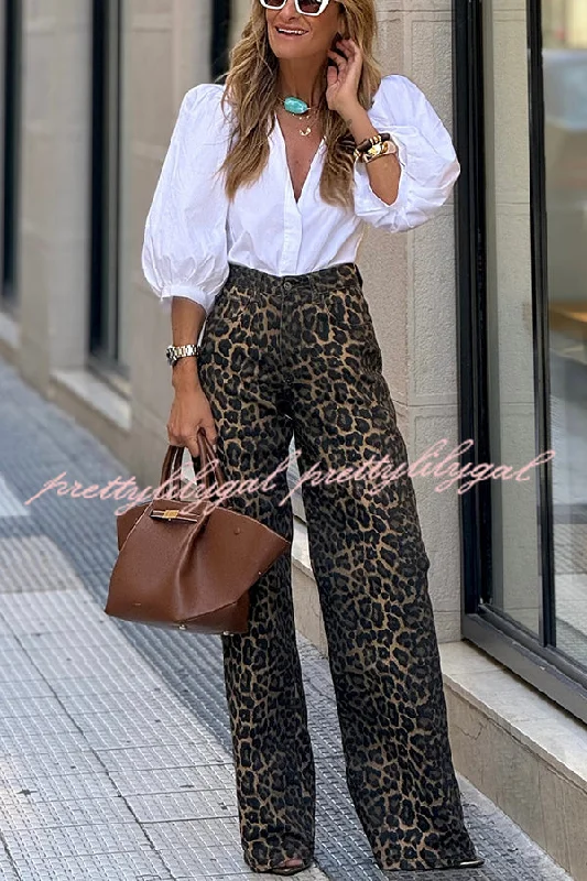 High End Women's Wear Wild Feel Denim Leopard Print High Rise Wide Leg Pocketed Jeans