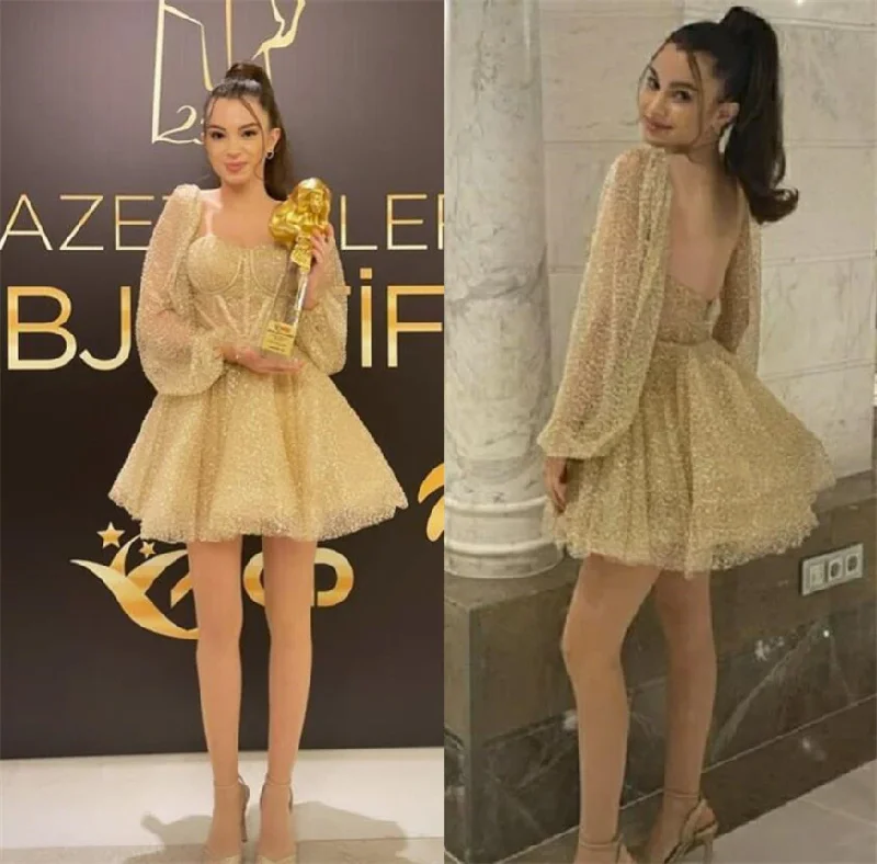 Sophisticated Style Sparkly Gold Short Homecoming Dresses Mini Skirt Puff Long Sleeves Exposed Boning Champagne Girls Party Celebrity Gowns Backless