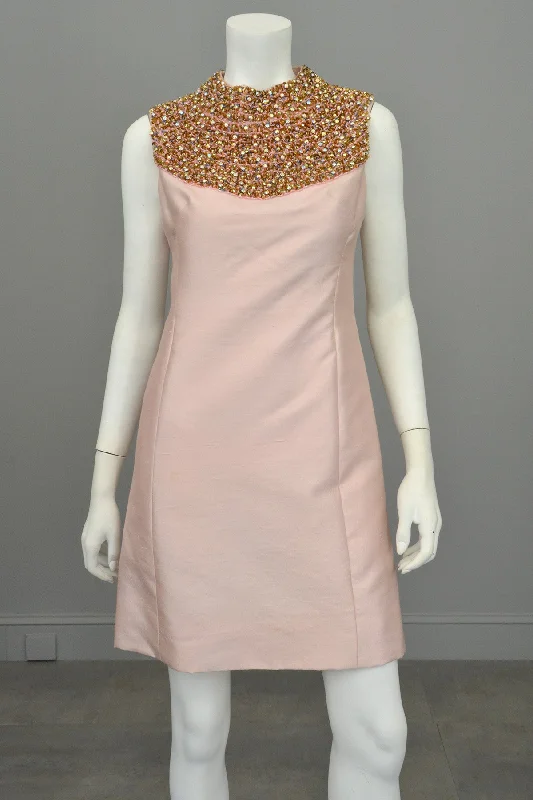 Women’s Evening Wear 1960s Pink Silk blend Beaded Egyptian Revival Mini Dress