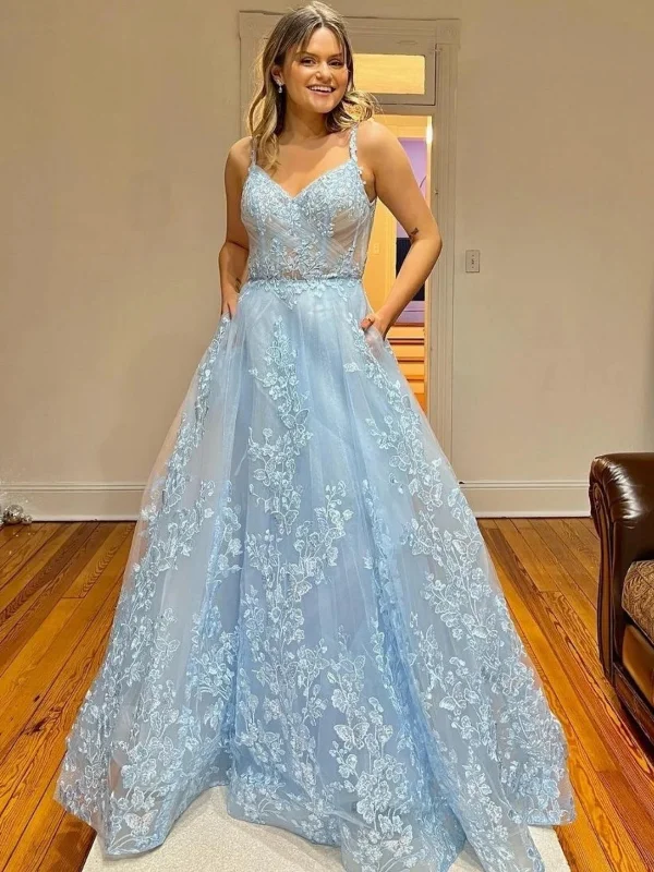 Limited Stock, Big Discounts A Line V Neck Light Blue Lace Long Prom Dresses, Light Blue Floral Formal Graduation Evening Dresses SP2633