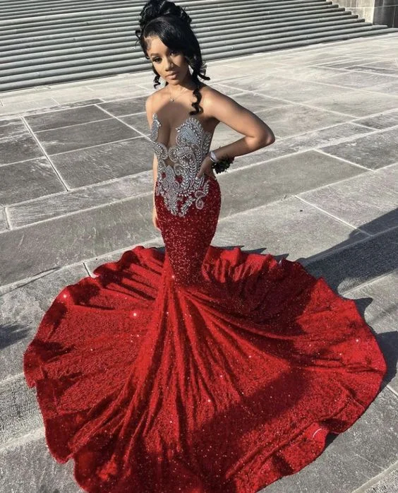 Seasonal Trends Sparkly Red Sequins Mermaid Prom Dress For Black Girls