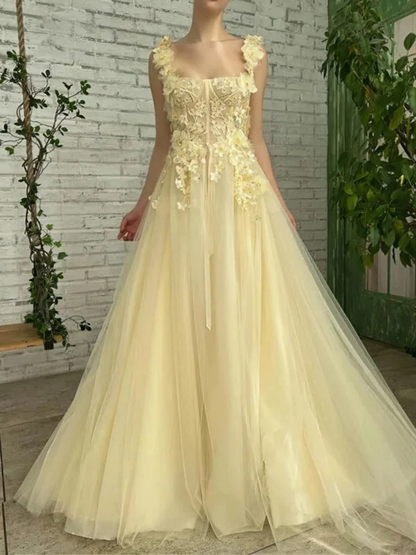 Casual Style for Busy Women A Line Yellow Lace Floral Long Prom Dresses, Yellow Formal Evening Dresses with Lace Appliques SP2987