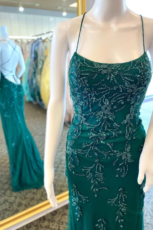 Trendy Women’s Outfits for Casual Wear Hunter Green Floral Bead Lace-Up Back Mermaid Long Formal Dress