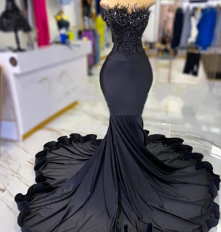 Flash Sale Event Elegant Strapless Long Prom Dress For Black Girls Beaded Crystal Birthday Party Dresses Feathers Evening Gowns Mermaid Lace