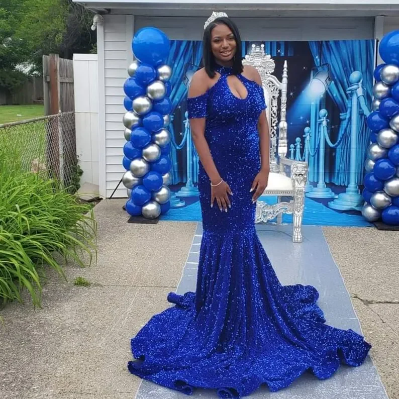 Trendy Boutiques Online Royal Blue African American Prom Dresses Mermaid Halter Sequins Sparkle Black Girls Nigeria Robe De Soiree Evening Dress Gown