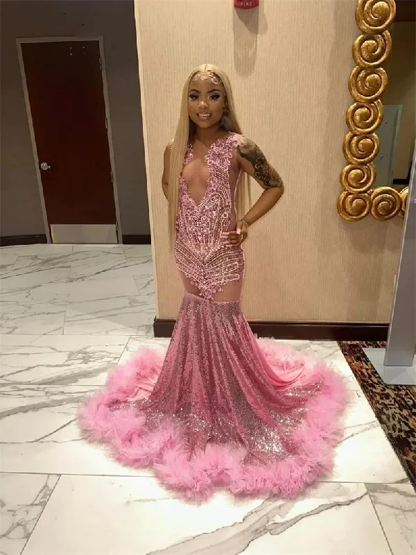 Online Clothing Boutiques Sparkly Pink Diamond Crystals Mermaid Prom Dresses For Black Girls Beading Sequins Long Elegant Birthday Party Gown