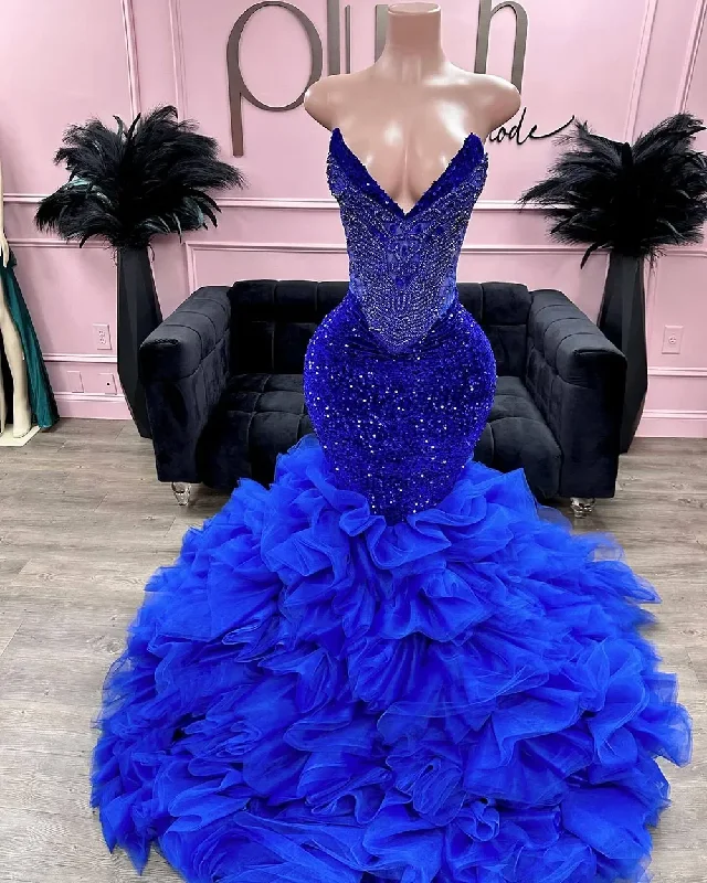 Fashion Women's Clothing Sparkly Mermaid Prom Dresses Ruffles Skirt Evening Dress For Occasion Woman Sequin Black Girls Party Gowns