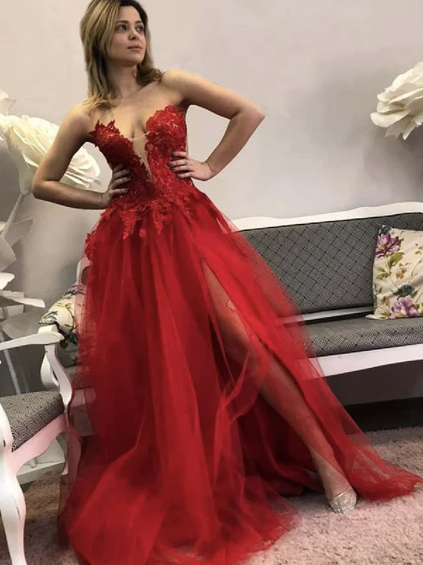 Special Offers, Don't Miss Deep V Neck Red Lace Floral Long Prom Dresses with Slit, Red Lace Formal Dresses, Red Evening Dresses