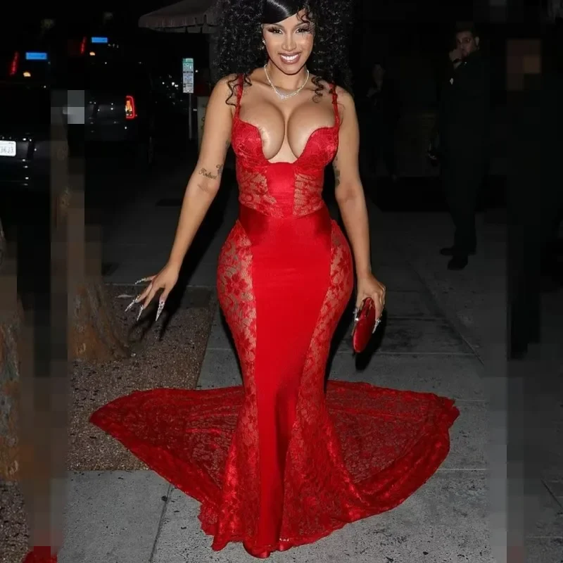 Gorgeous Glamour Collection Sexy Red Prom Dresses For Black Girls Spaghetti Strap Lace Party Gowns African Women Mermaid Evening Dress Court Train