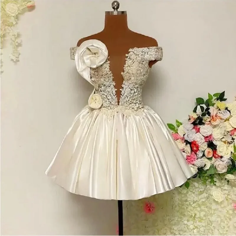 Women Wear Boutique Sexy Cocktail Party Dresses With Handmade Flowers Appliques Off The Shoulder Beach Gowns Pleats Mini Girls Prom Evening Dress