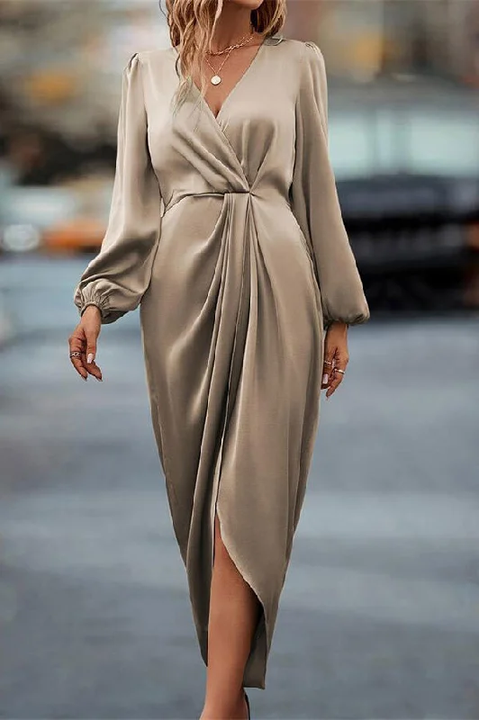 Quality Wear Satin V-neck Long-sleeved Slit Irregular Hem Midi Dress