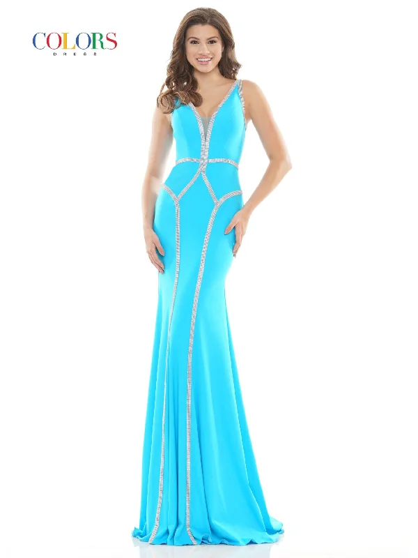 High End Fashion Colors 2696 Size 4 Turquoise Long Fitted Crystal Embellished V Neck Prom Dress Pageant Gown