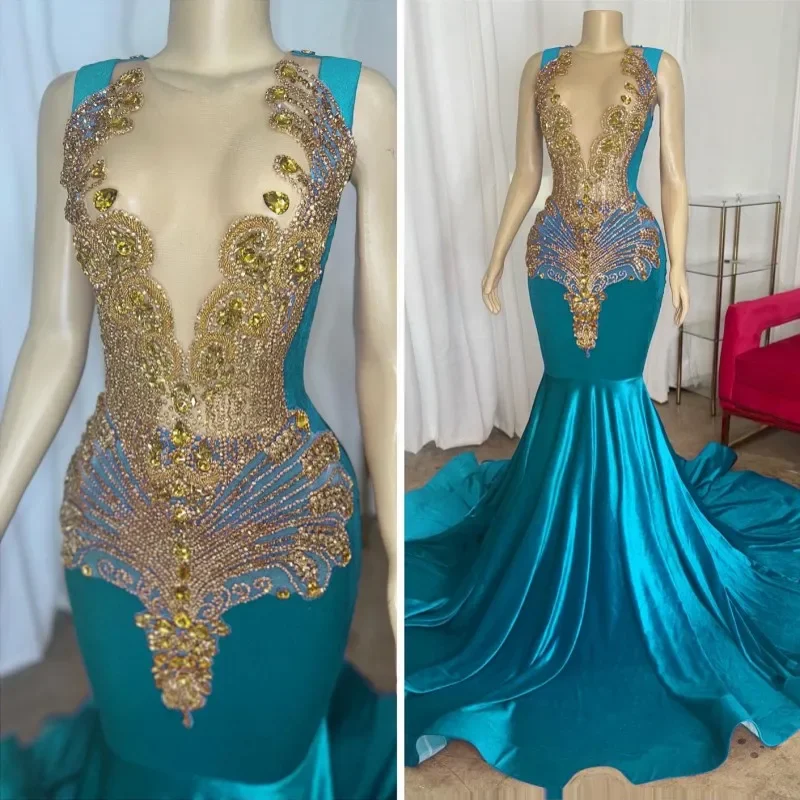 Break Fashion Norms Elegant Turquoise Prom Dresses For Black Girls Rhinestone Velvet Mermaid Party Gowns Evening Dress