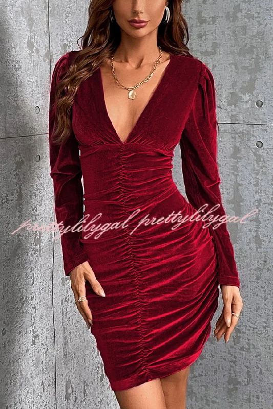 Clearance Sale Online Solid Color Velvet Sexy V-neck Long Sleeve Ruched Mini Dress