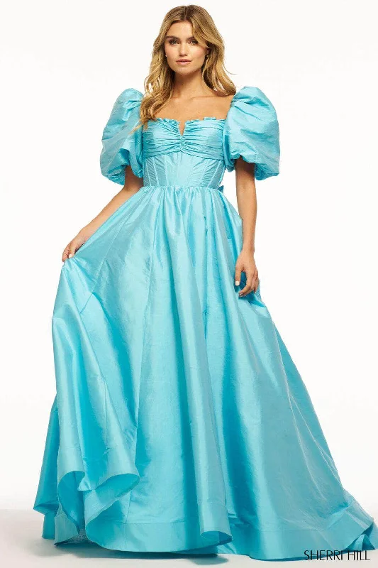 Unique Women’s Fashion Pieces Sherri Hill 55979 - Puff Sleeved Taffeta Gown