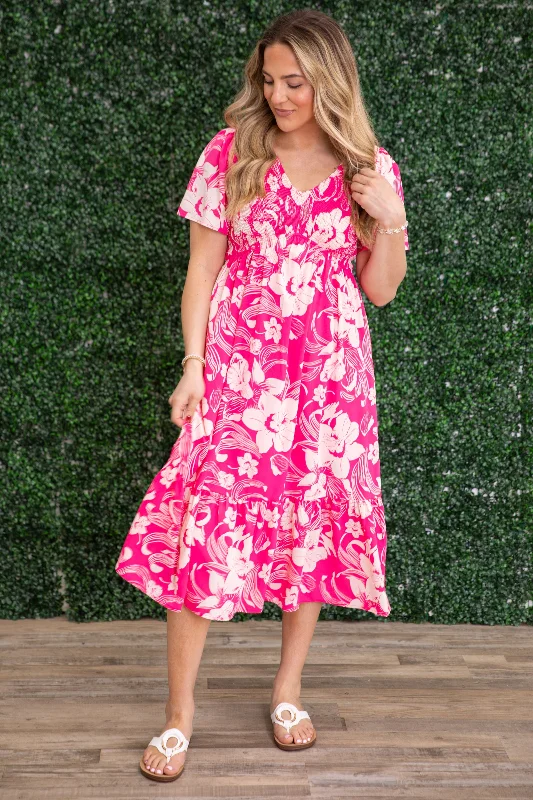 Relaxed Style Pink Floral V-Neck Dress With Pockets