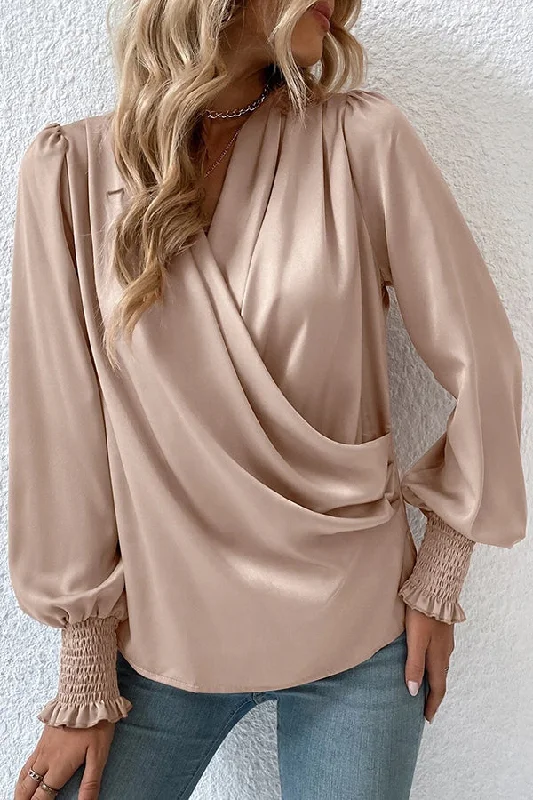 Preppy Style Satin Solid Color V-neck Lantern Sleeve Elegant Loose Shirt