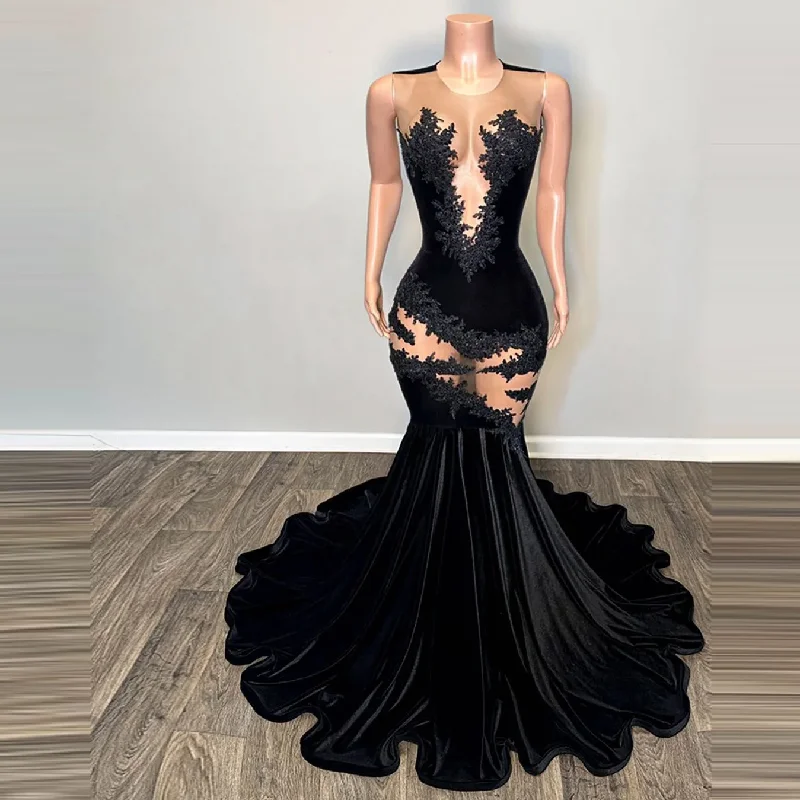 Sales Clothes Elegant Black Velvet Mermaid Evening Gowns See Thru Mesh Appliques Lace Prom Dress Aso Ebi Black Girls Party Dress Custom Made