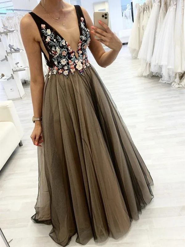 Discover Now Black V Neck Floral Long Prom Dresses, Long 3D Flower Black Formal Evening Dresses