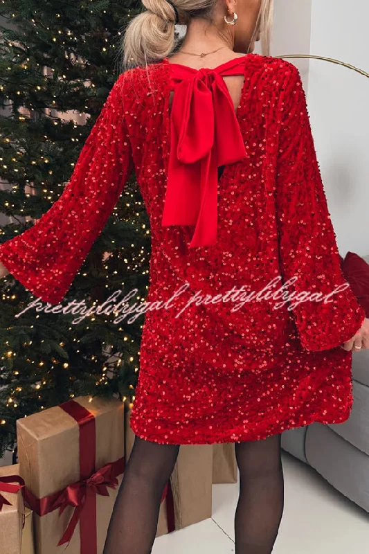 Seasonal Sale Velvet Sequin Back Bow Bell Sleeves Loose Mini Dress