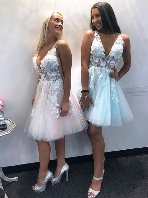 Exclusive Women’s Fashion Collection V Neck Pink Blue Lace Floral Short Prom Dresses, Short Pink Blue Lace Formal Evening Homecoming Dresses