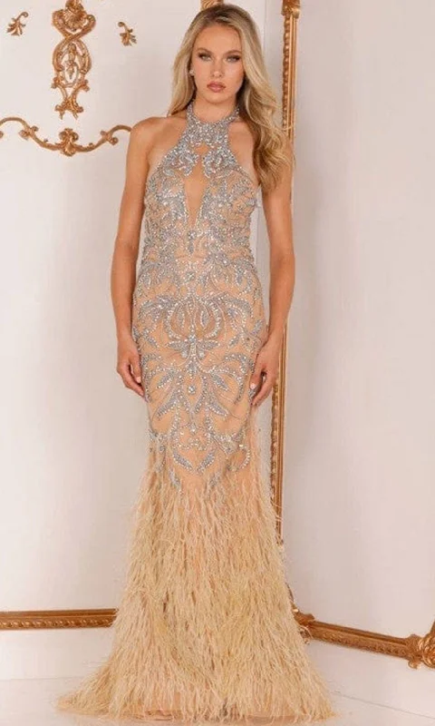 Effortless Chic for Women Terani Couture - 2111GL5026 Beaded Halter Feathered Gown