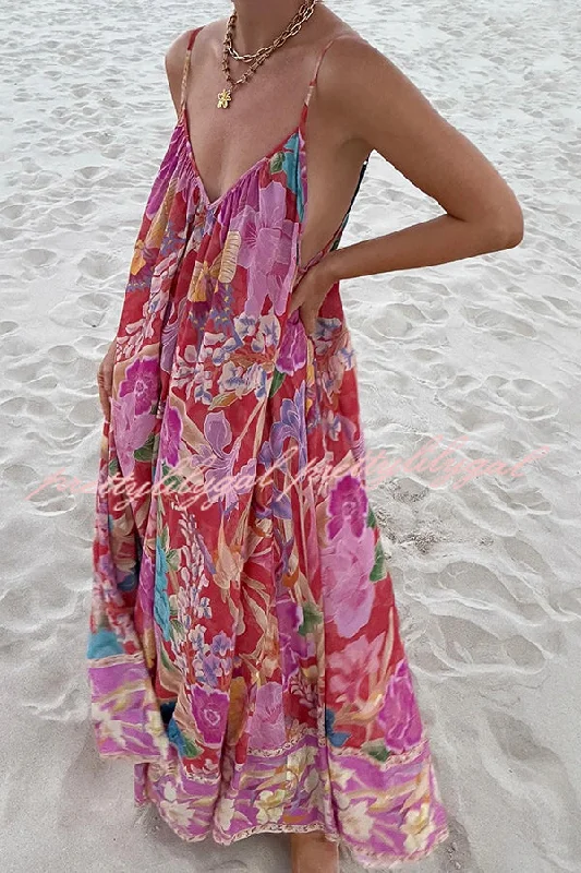 Sales Clothes Painter's Garden Boho Floral Print Strappy A-line Maxi Dress