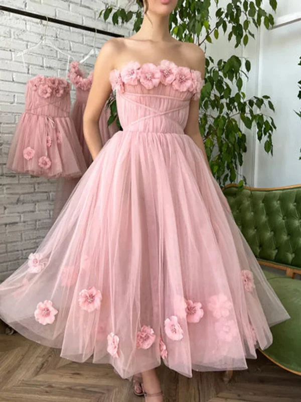 Chic Casual Wardrobe Essentials Strapless Pink Floral Tea Length Prom Dresses, Pink Homecoming Dresses with 3D Flowers, Pink Formal Graduation Evening Dresses SP2749