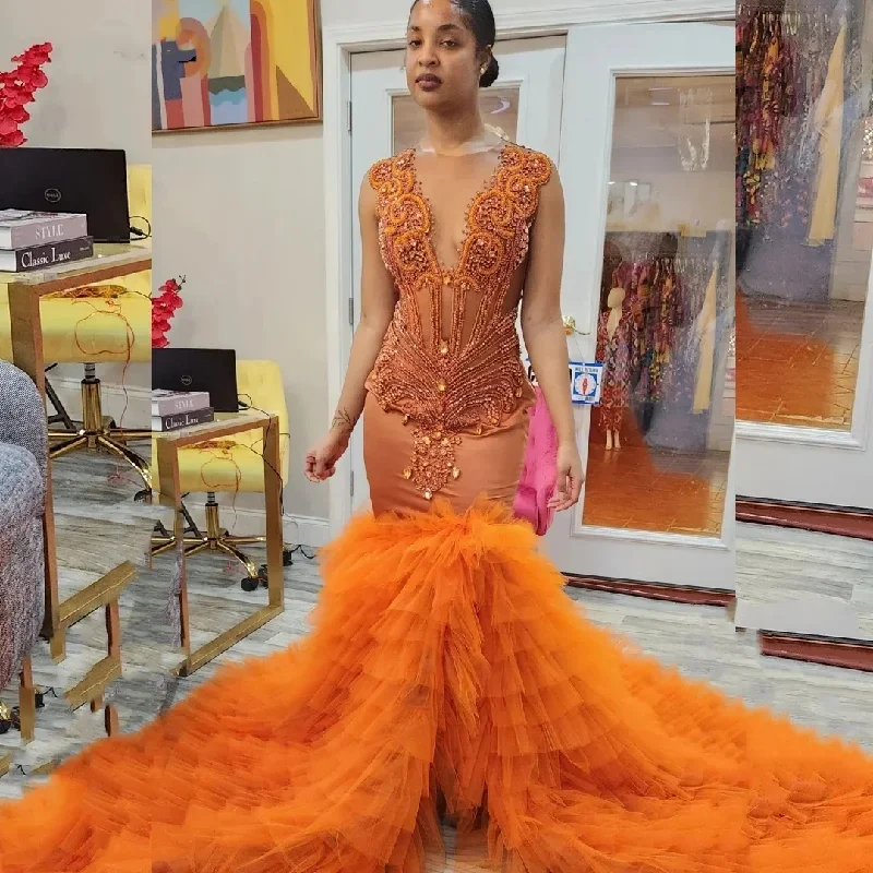 Limited Time Deal High Slit Orange Long Prom Dress for Black Girls Beaded Rhinestones Ruffles Women Party Gala Gown