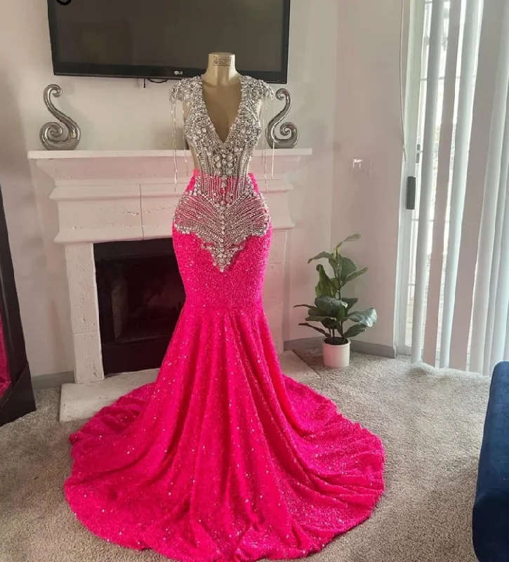 Unbeatable Prices Glitter Diamonds Fuchsia Mermaid Prom Dress Crystal Rhinestone Beading Sequins Gown For Black Girls Birthday Party Dress