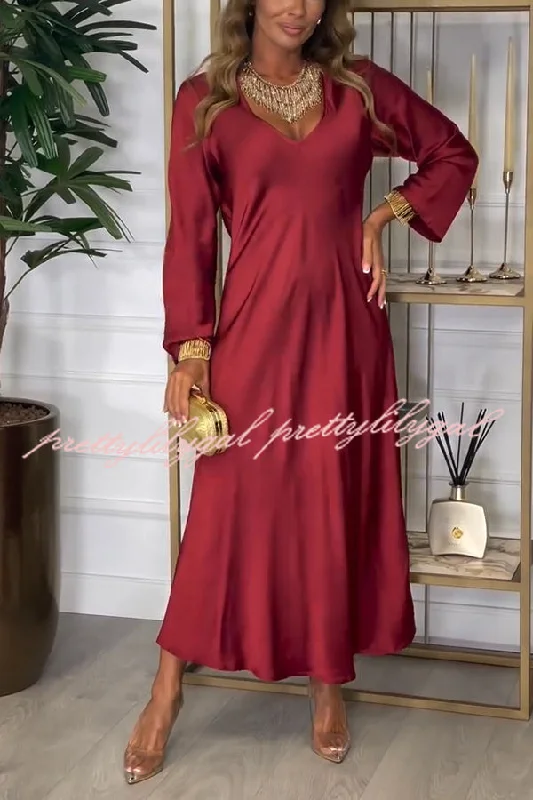 Eclectic Fashion Solid Color V-neck Long-sleeved Loose Draped Maxi Dress