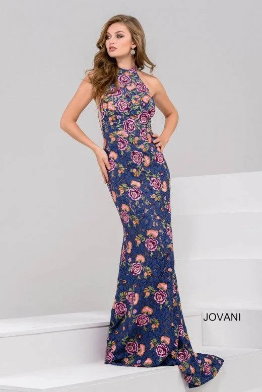 Save Big Jovani 50655 Long Formal Floral Print Halter Dress