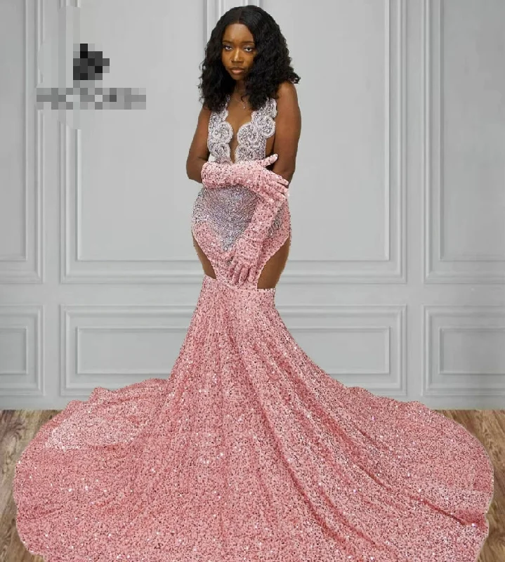 Best Online Women's Boutiques Pink Velvet Sequin Rhinestone Luxury Prom Dress For Black Girls With Gloves African Mermiad Birthday Party Dress