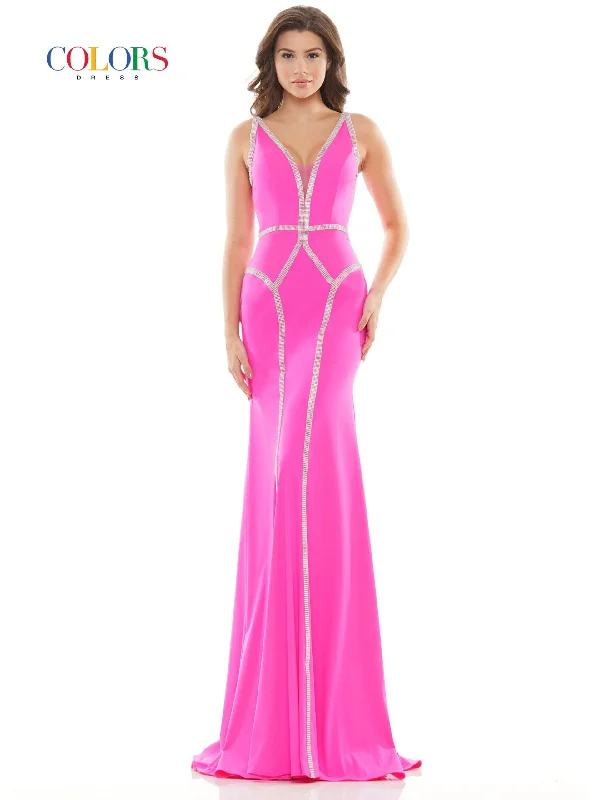 Earthy Tones Colors 2696 Size 12 Hot Pink Long Fitted Crystal Embellished V Neck Prom Dress Pageant Gown