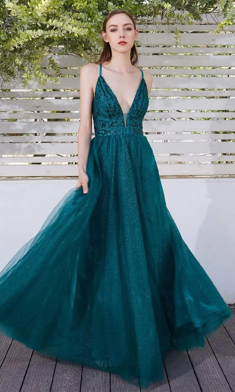 Unleash Your Trend Driven Style J'Adore Dresses - JM102 Embellished Plunging Neck Glitter Tulle A-Line Gown