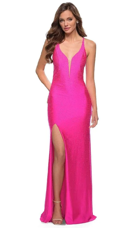 Step Ahead, Lead The Trend La Femme - 29969 Low V-Neck Beaded Simple Prom Long Gown