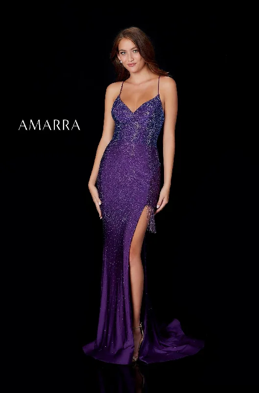 Women’s Clothing for Every Season and Trend Amarra 87264 Size 0 Plum Long Fitted Side Slit Fringe Prom Dress Formal Backless Gown