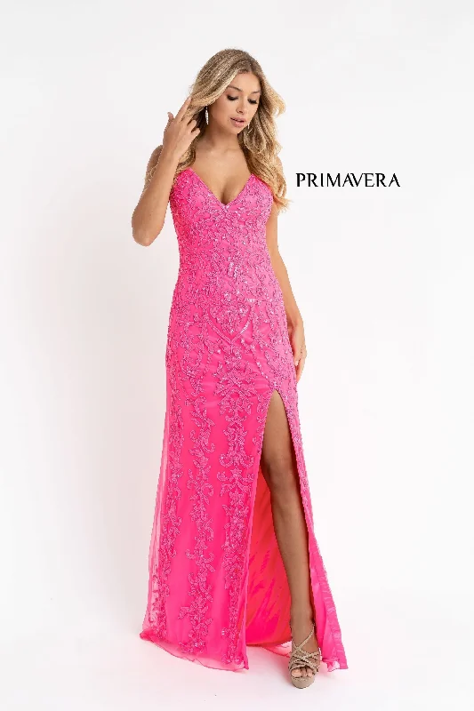 Elegant Attire For The Modern Lady Primavera Couture 3749 Size 6 Neon Pink Sequined Prom Dress V Neckline Sweeping Train Evening Gown