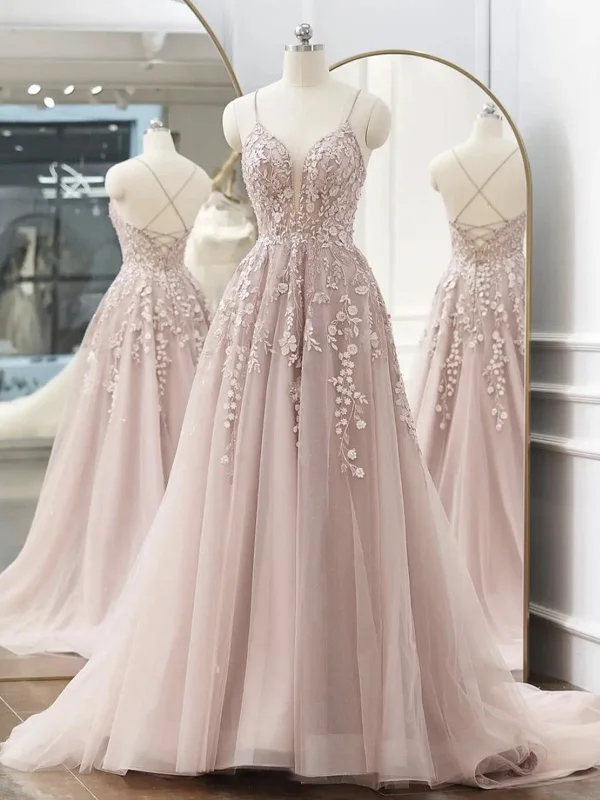 Buy More, Save More A Line V Neck Backless Pink Lace Floral Long Prom Dresses, Pink Lace Formal Graduation Evening Dresses SP2114