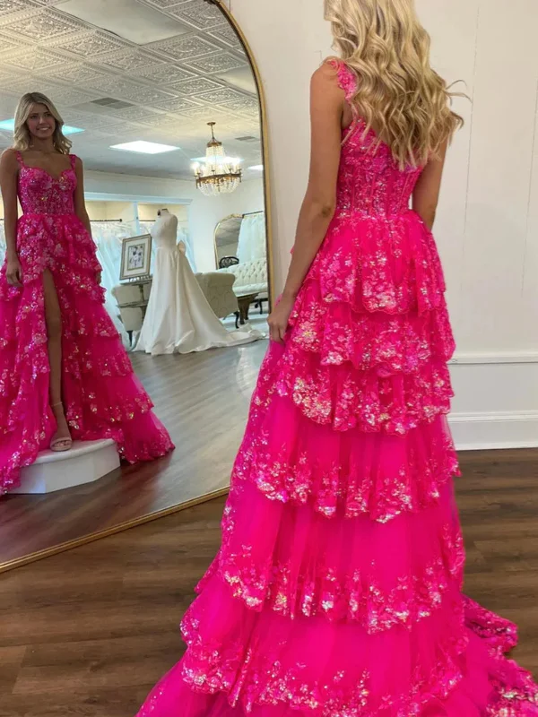 Women’s Fashion Essentials Hot Pink Lace Floral Long Prom Dresses with High Split, Layered Hot Pink Lace Formal Graduation Evening Dresses SP2868