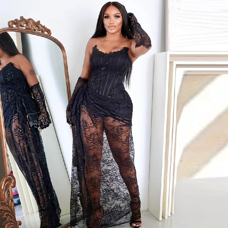 Boutique Dress Online Sexy Black Lace Appliques Mermaid Prom Dresses for Black Girls Side Split Birthday Party Dress Illusion Evening Gown