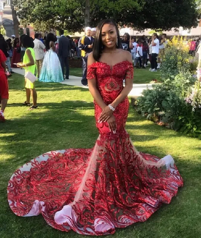 Trendsetter's Closet Elegant Red Sequin Prom Dresses Black Girls Off The Shoulder African Mermaid Party Gowns Short Sleeves robe de soirée femme