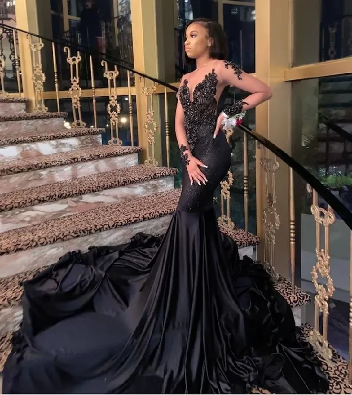 Versatile Wardrobe Essentials Black African American Prom Dresses Mermaid Long Sleeves Beaded Black Girls Nigeria Robe De Soiree Evening Dress Gown