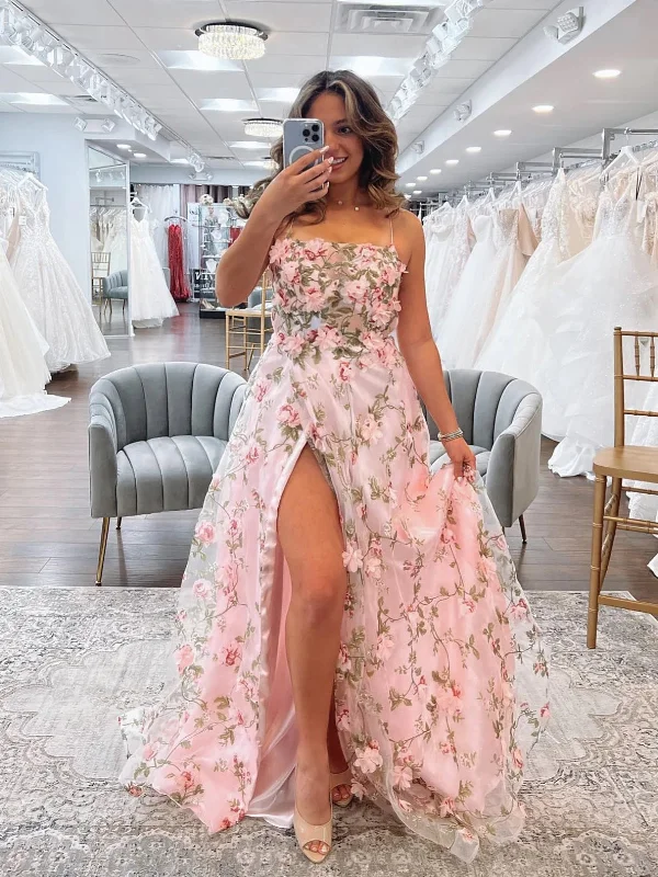 Special Offers A Line Pink Floral Long Prom Dresses with High Slit, Long Pink Formal Graduation Evening Dresses with 3D Flowers SP2632