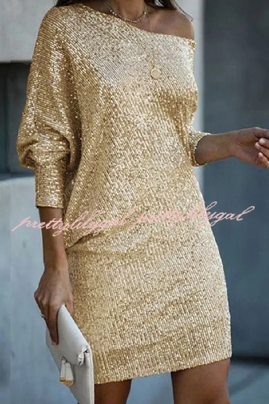 Minimalist Style Solid Sequined Off-shoulder Loose Mini Dress