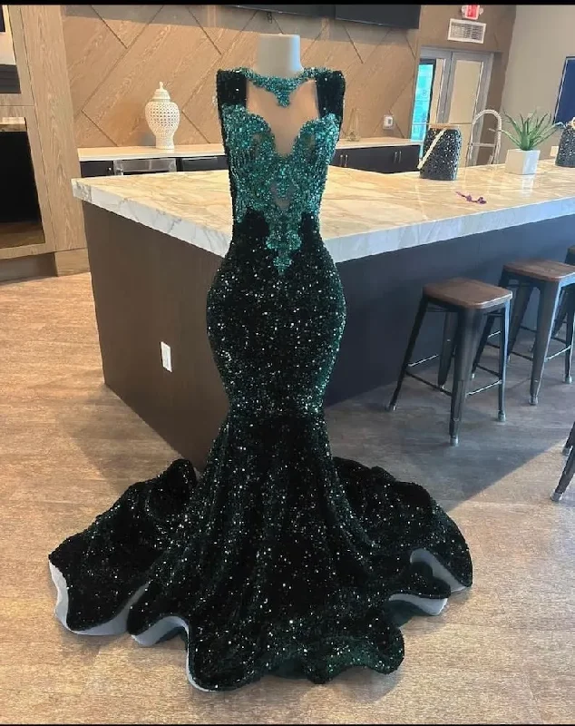 Discount Store Green African American Prom Dresses Mermaid Sheer Sequins Beaded Crystals Black Girls Nigeria Robe De Soiree Evening Dress Gown