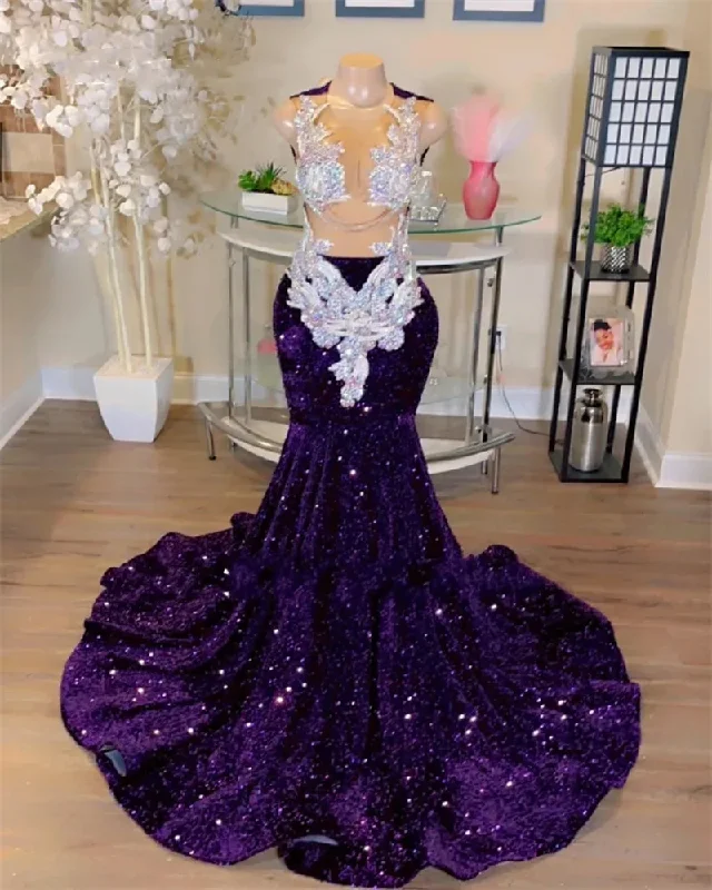 Women's Clothes Grape Sheer O Neck Long Prom Dress For Black Girls Sparkly Sequined Birthday Party Dresses Beaded Appliques Evening Gowns